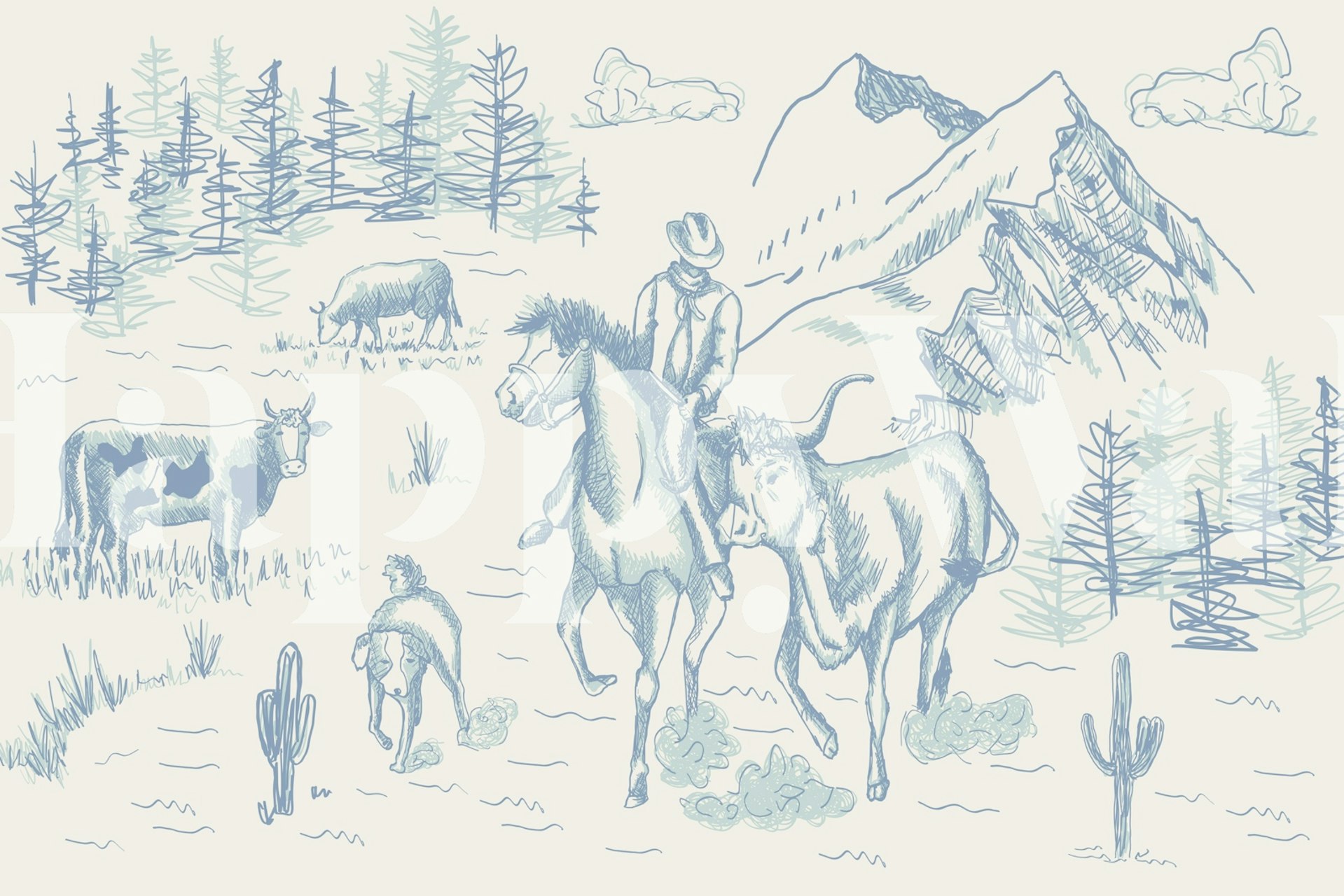 Cowboy on horseback with cattle in a blue landscape wallpaper