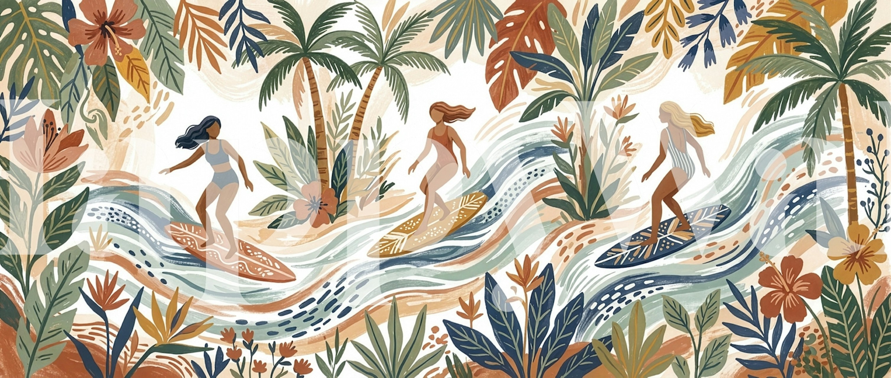 Colorful tropical surf scene wallpaper with women surfing and palm trees