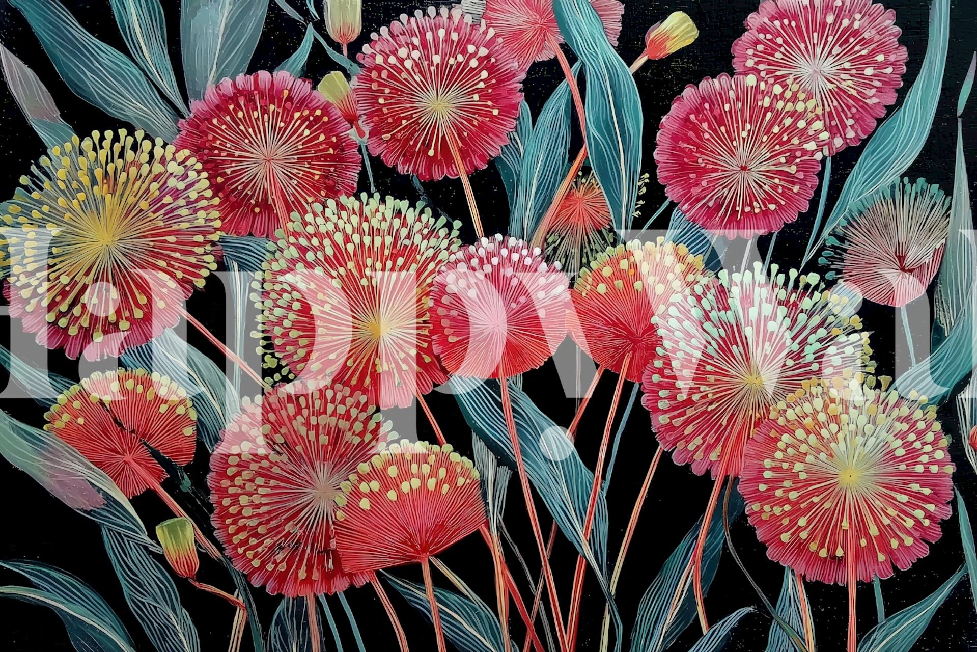 Colorful floral pattern with pink and yellow flowers on black background wallpaper