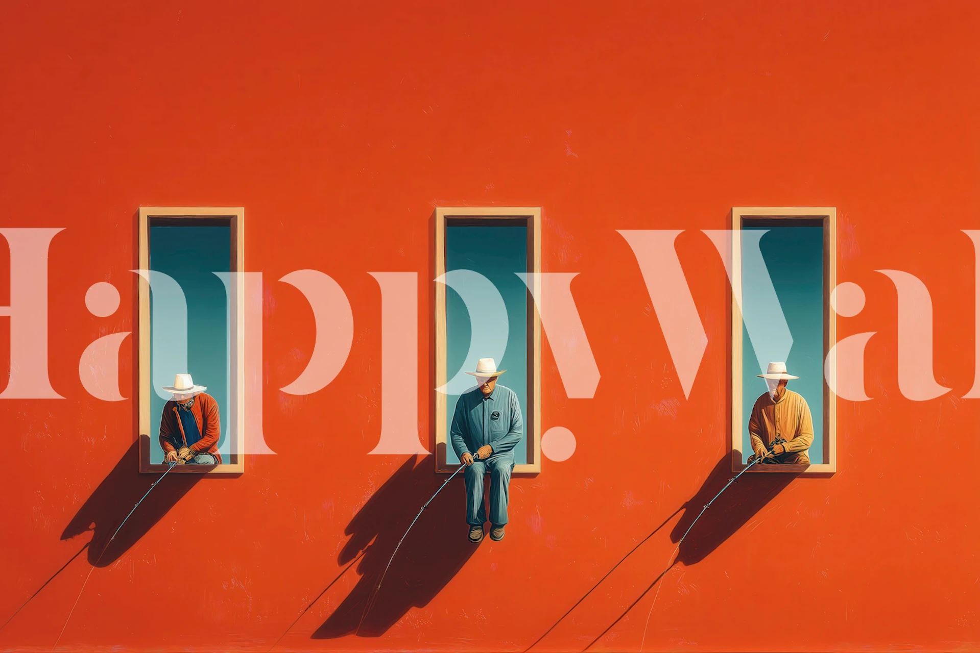 Three fishermen sitting in brightly colored windows against a bold orange wall wallpaper