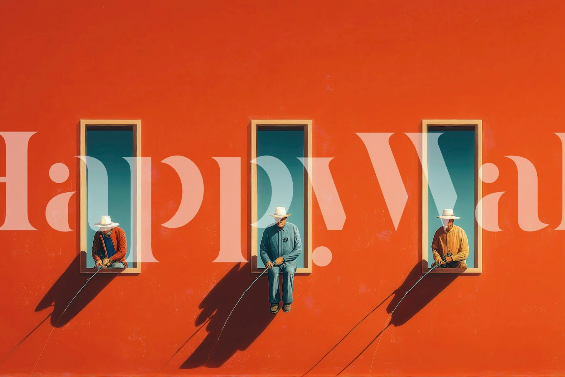 Three fishermen sitting in brightly colored windows against a bold orange wall wallpaper