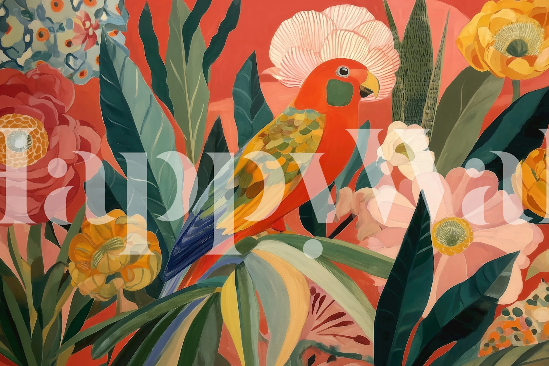 Colorful parrots among tropical flowers and leaves wallpaper