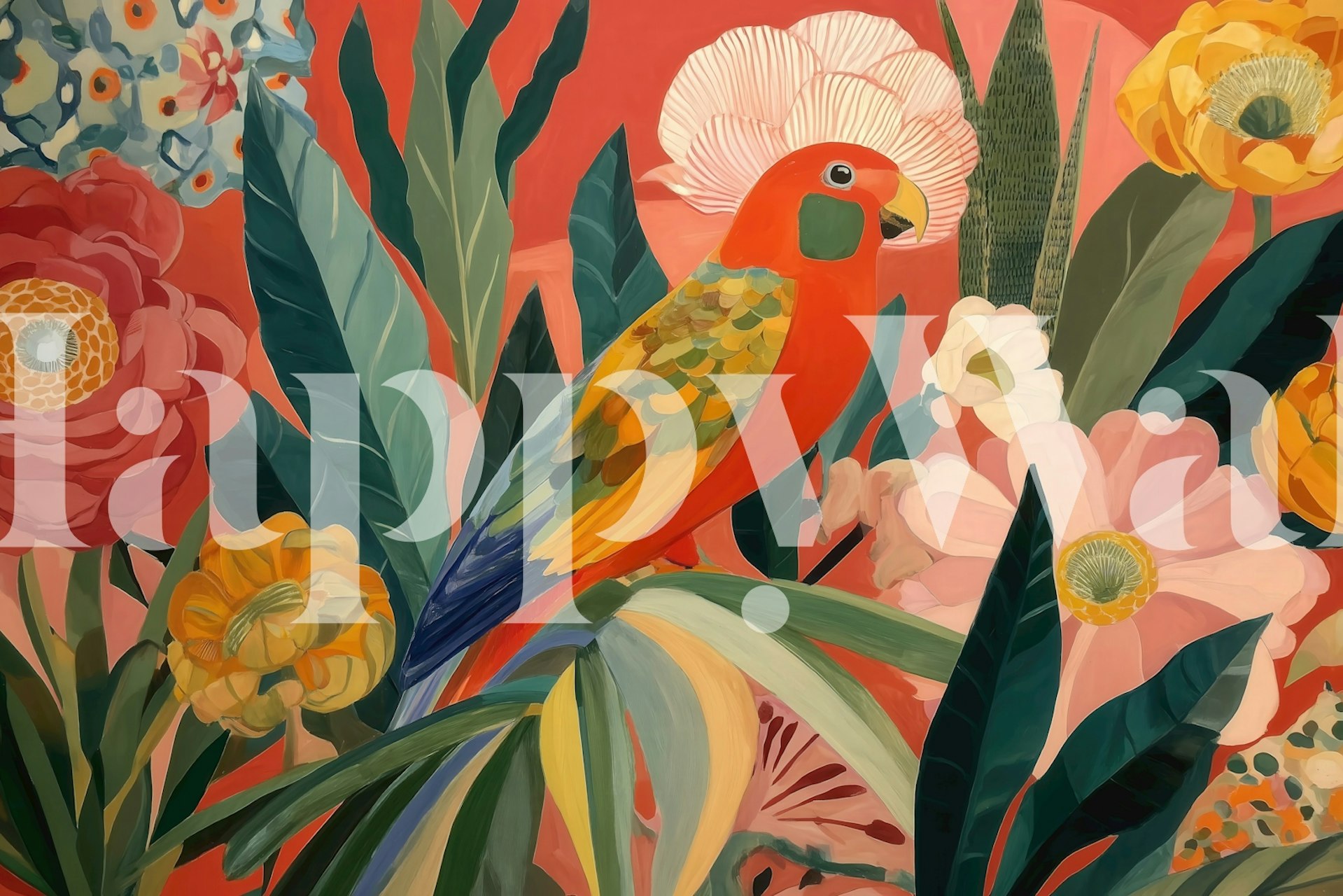 Colorful parrots among tropical flowers and leaves wallpaper