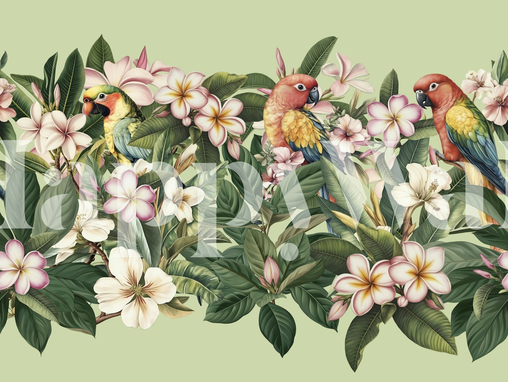 Wallpaper featuring colorful parrots and flowers