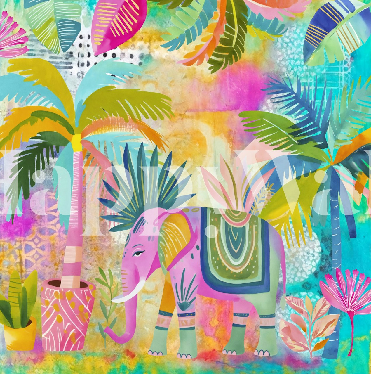 Colorful elephant with tropical leaves and plants in pink and green wallpaper