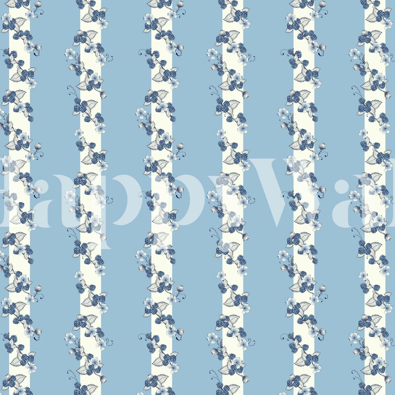 Blue floral pattern with white stripes wallpaper