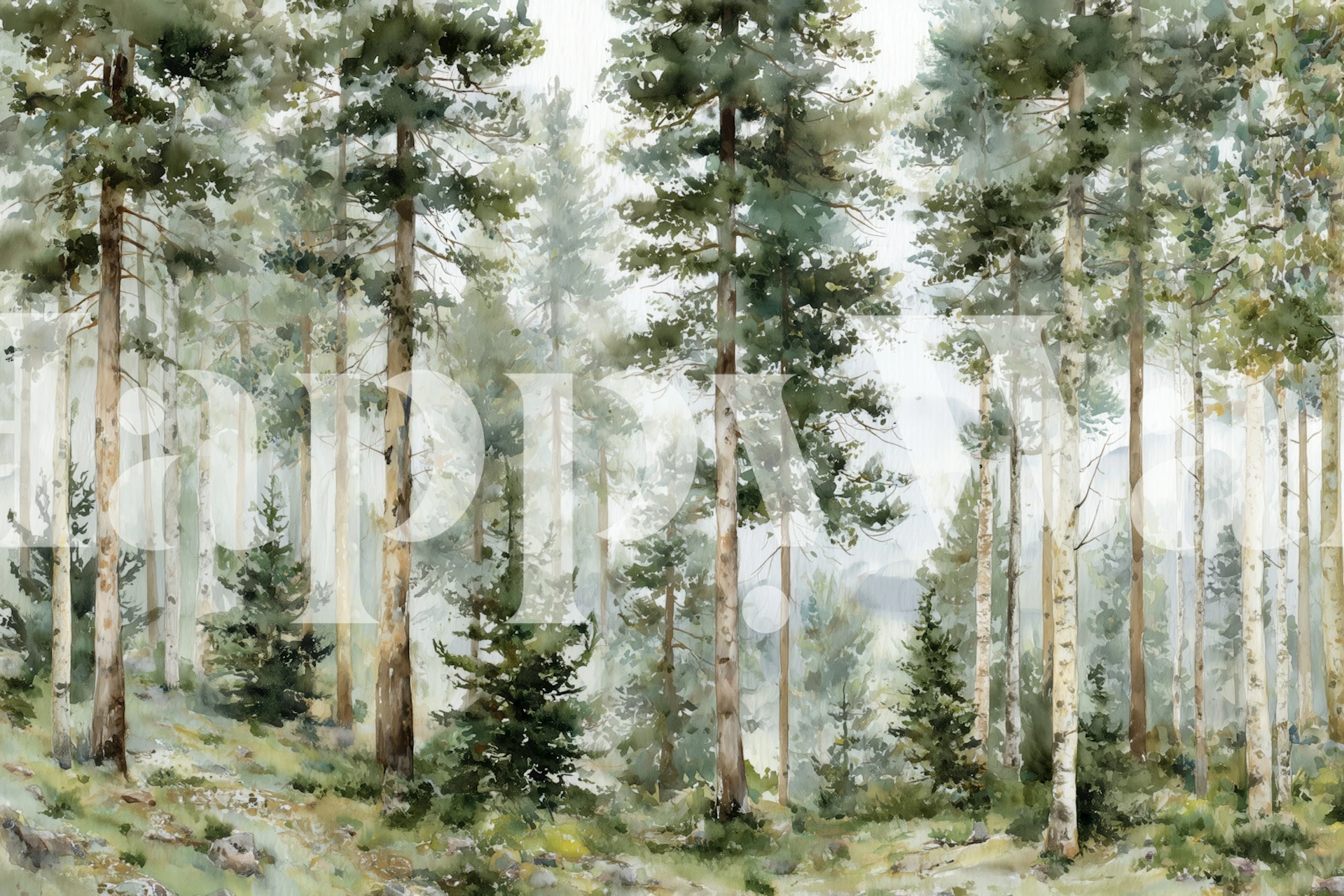 Serene forest trees with green and brown colors, watercolor style wallpaper