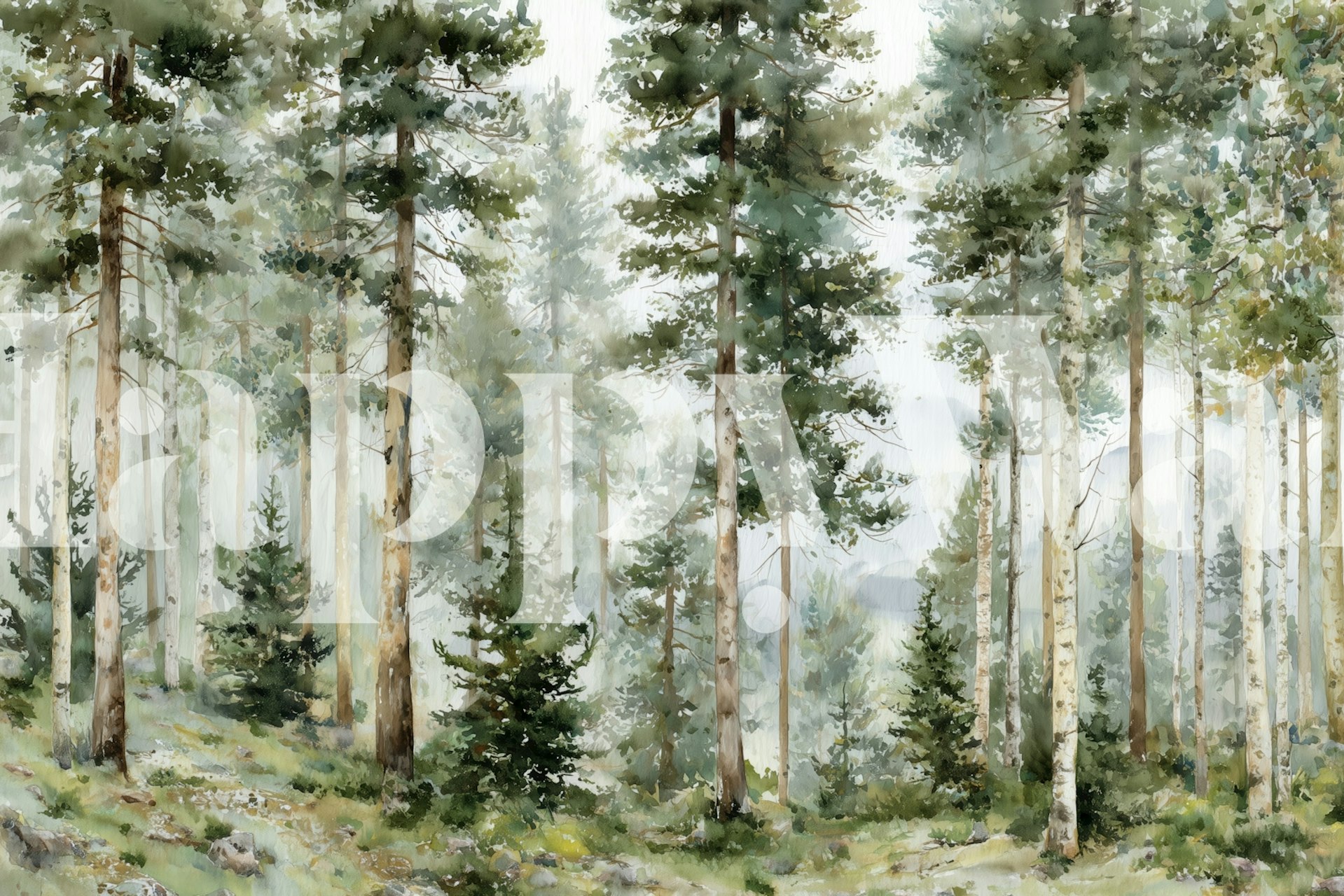 Serene forest trees with green and brown colors, watercolor style wallpaper