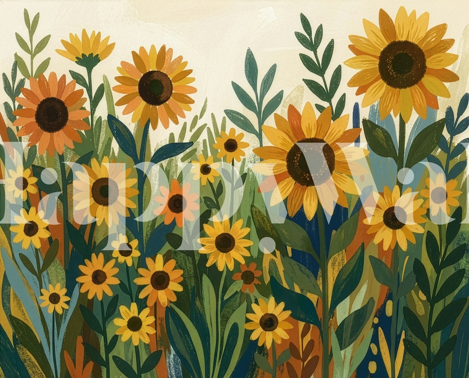 Golden Sunflower Garden behang in een kamer