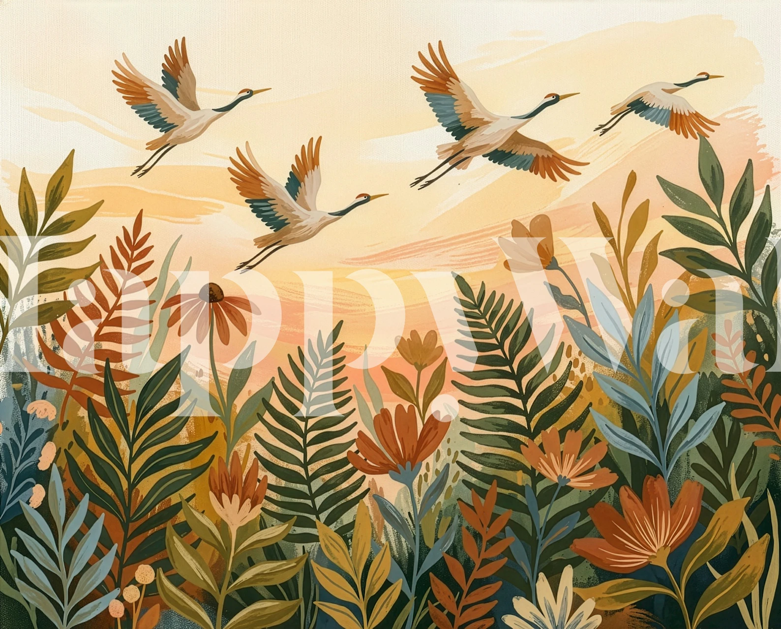 Crane Dance at Sunset wallpaper in a room