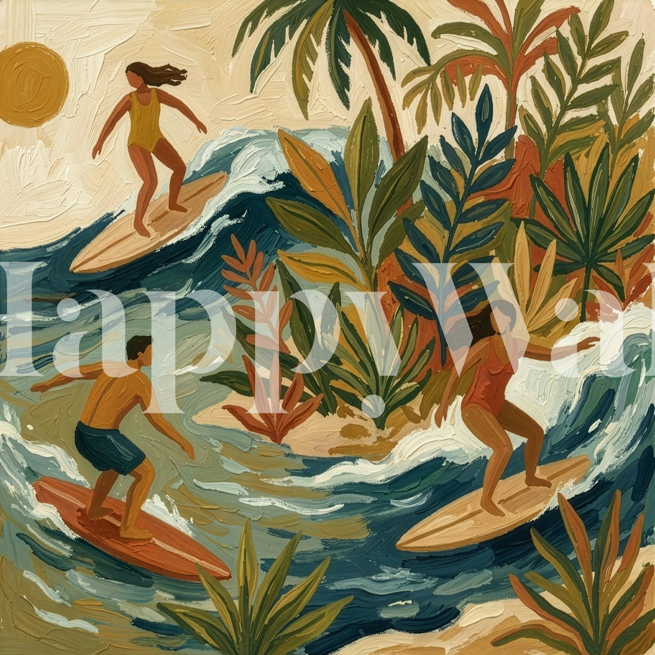 Colorful surfers riding waves amid tropical plants wallpaper