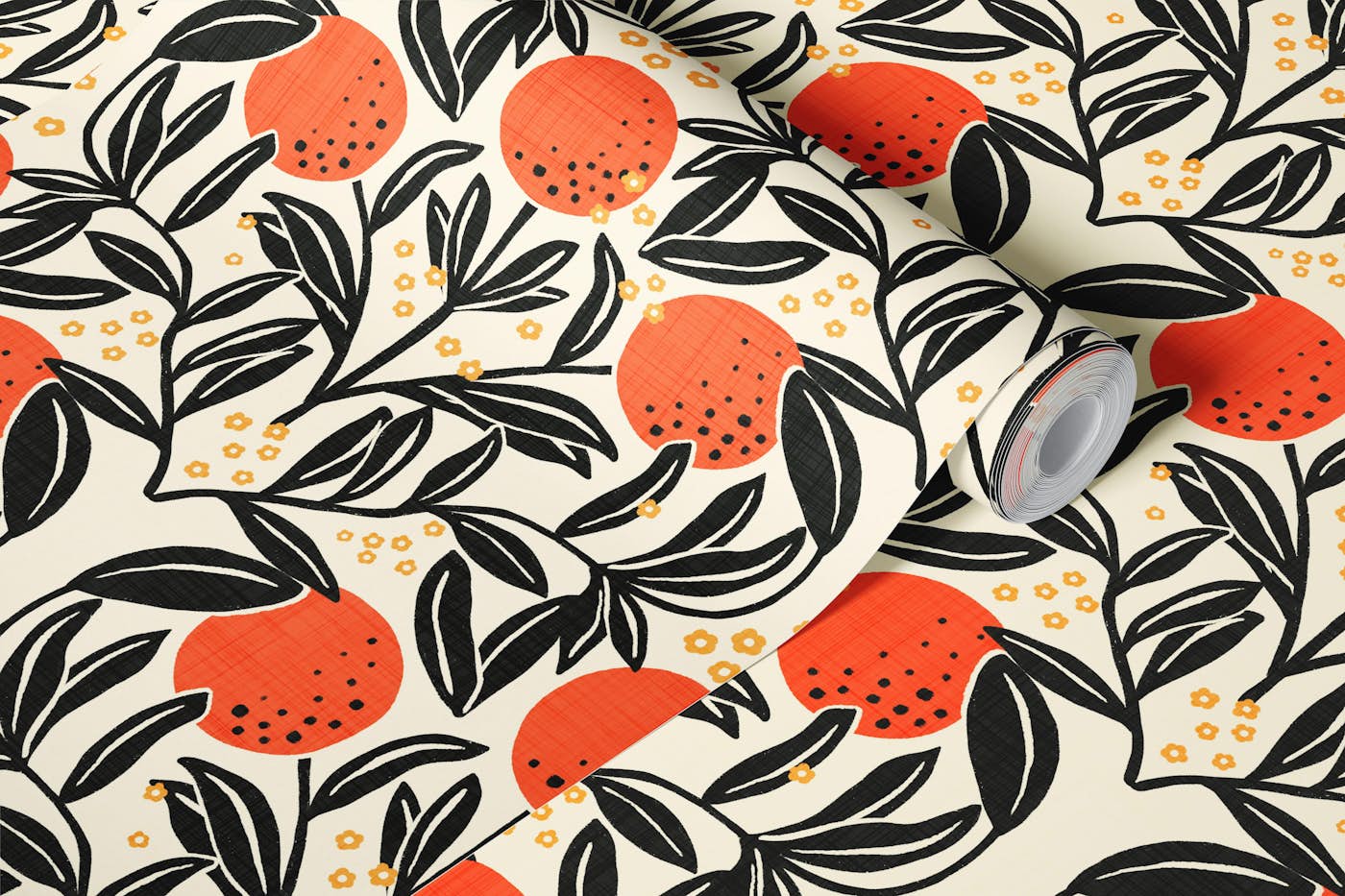 Bright oranges and black botanical elements wallpaper roll
