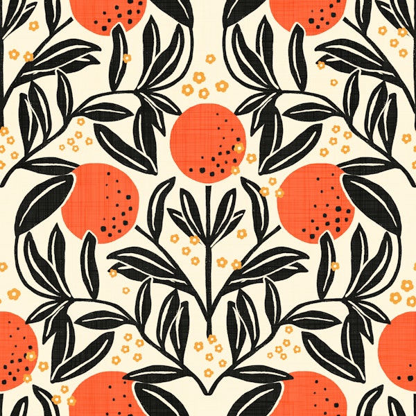 Bright oranges and black botanical elements