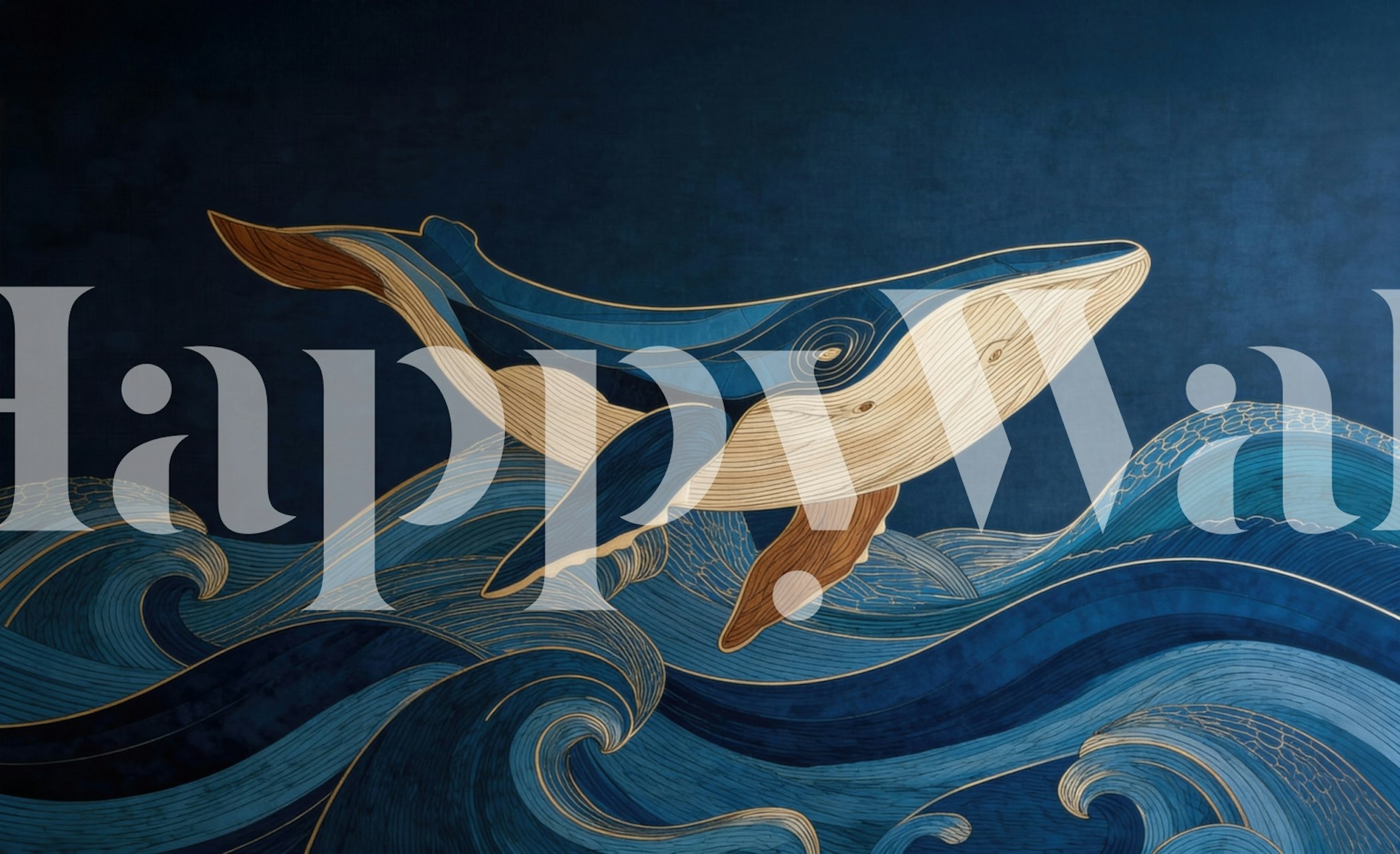 Humpback Whale With Woodgrain Indigo Waves Tapete in einem Raum