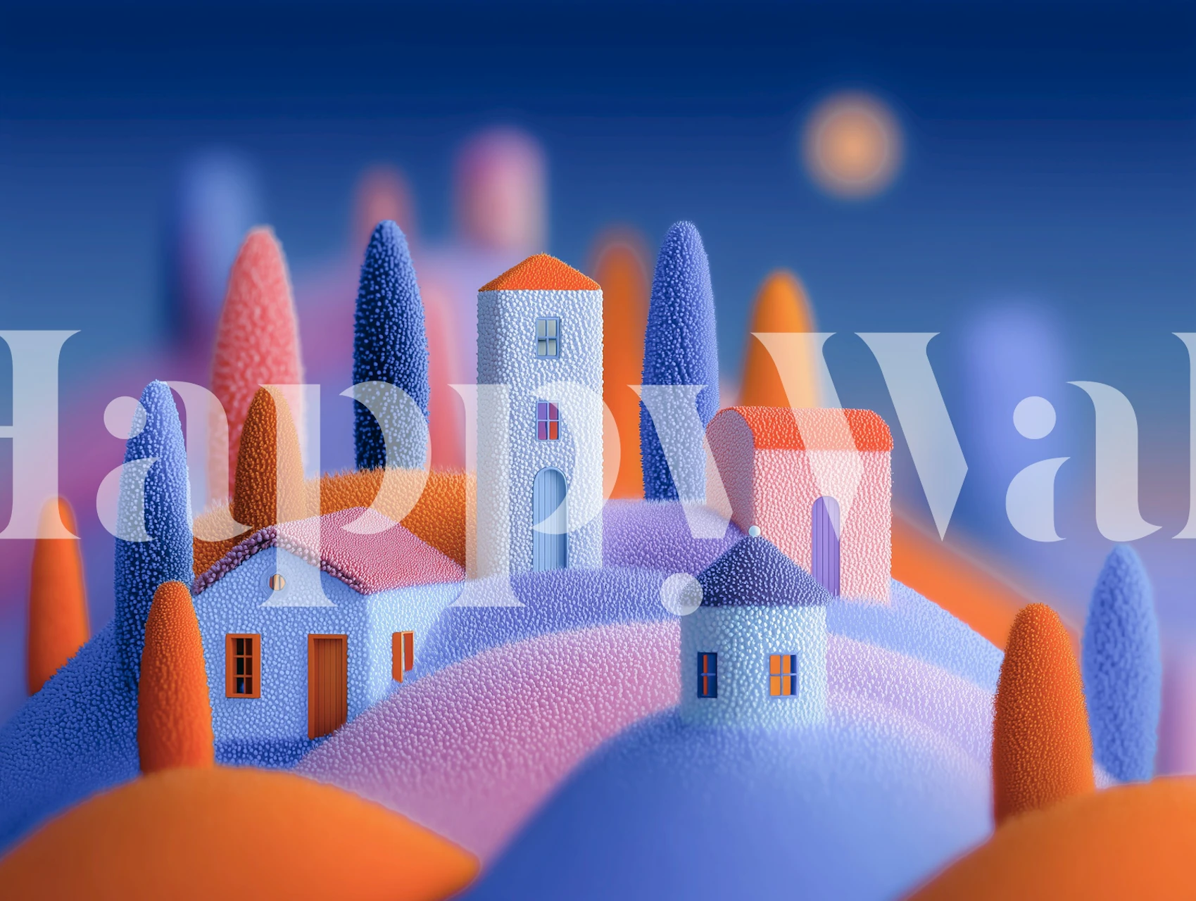Whimsical pastel village wallpaper in a room