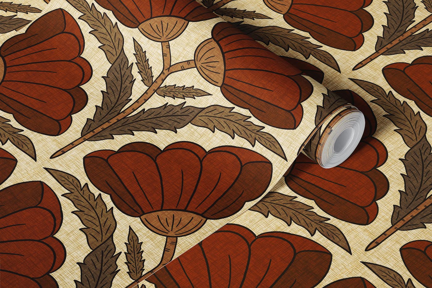 Paprika Poppies on Linen - Warm Spice wallpaper roll