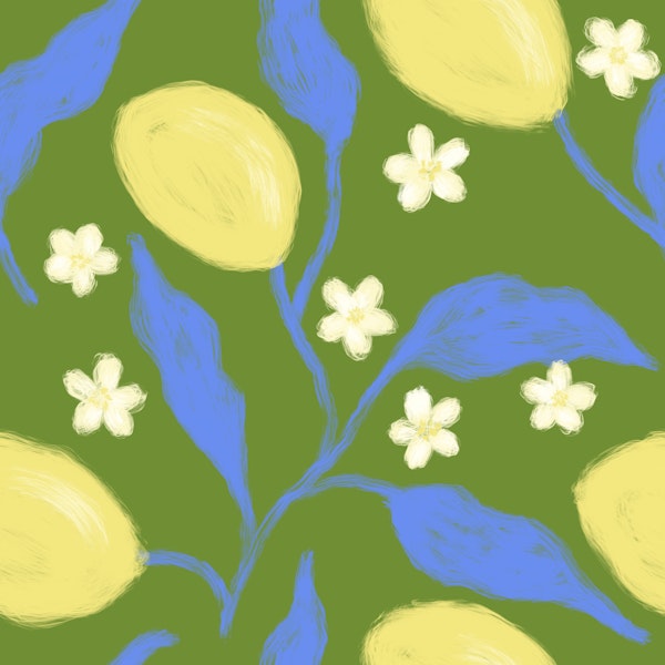 Lemon trailing leaves floral bright bold blue