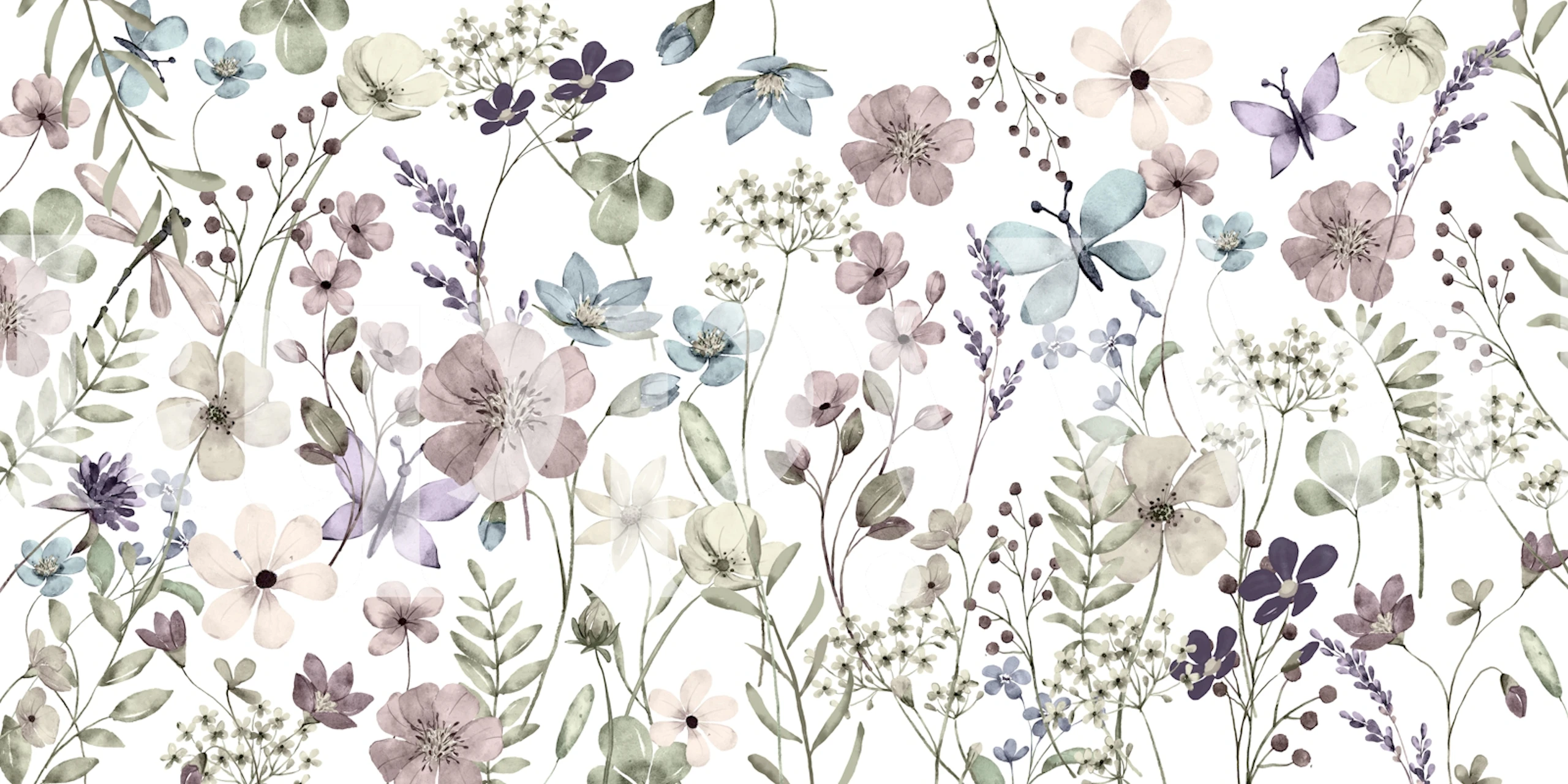 Floral pattern featuring lilac, blue, and white colors in a botanical style wallpaper
