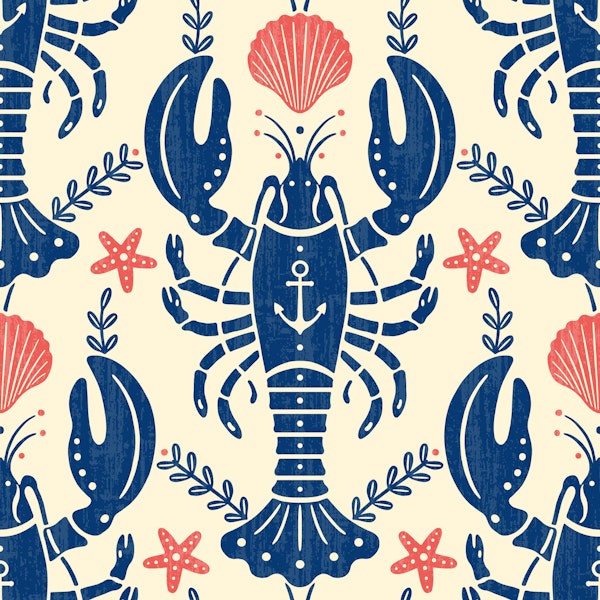 Blue Lobster with Anchor and Red Seashell - L