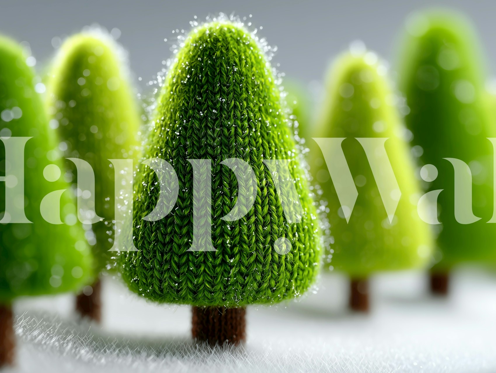 Knit green trees with snowflakes on a white background wallpaper