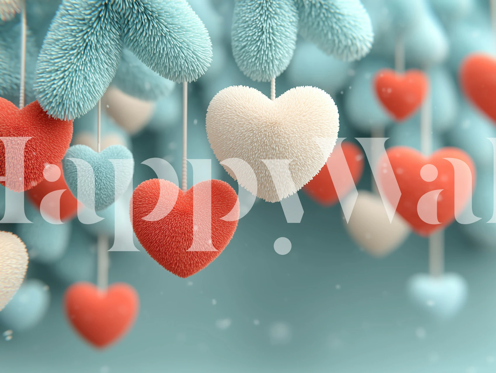 Hanging colorful hearts in red, white, and blue pattern wallpaper