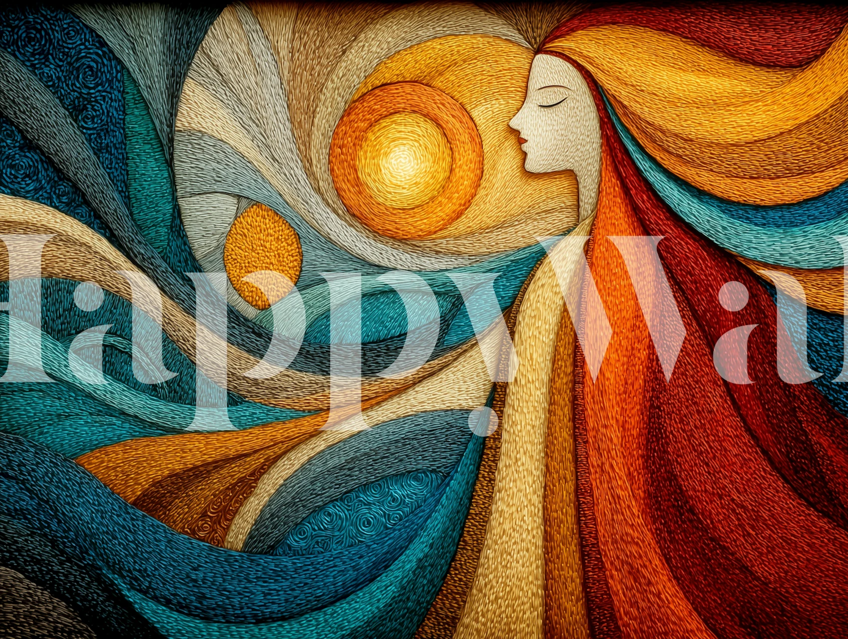 Colorful abstract wallpaper featuring woman, sun and blue waves