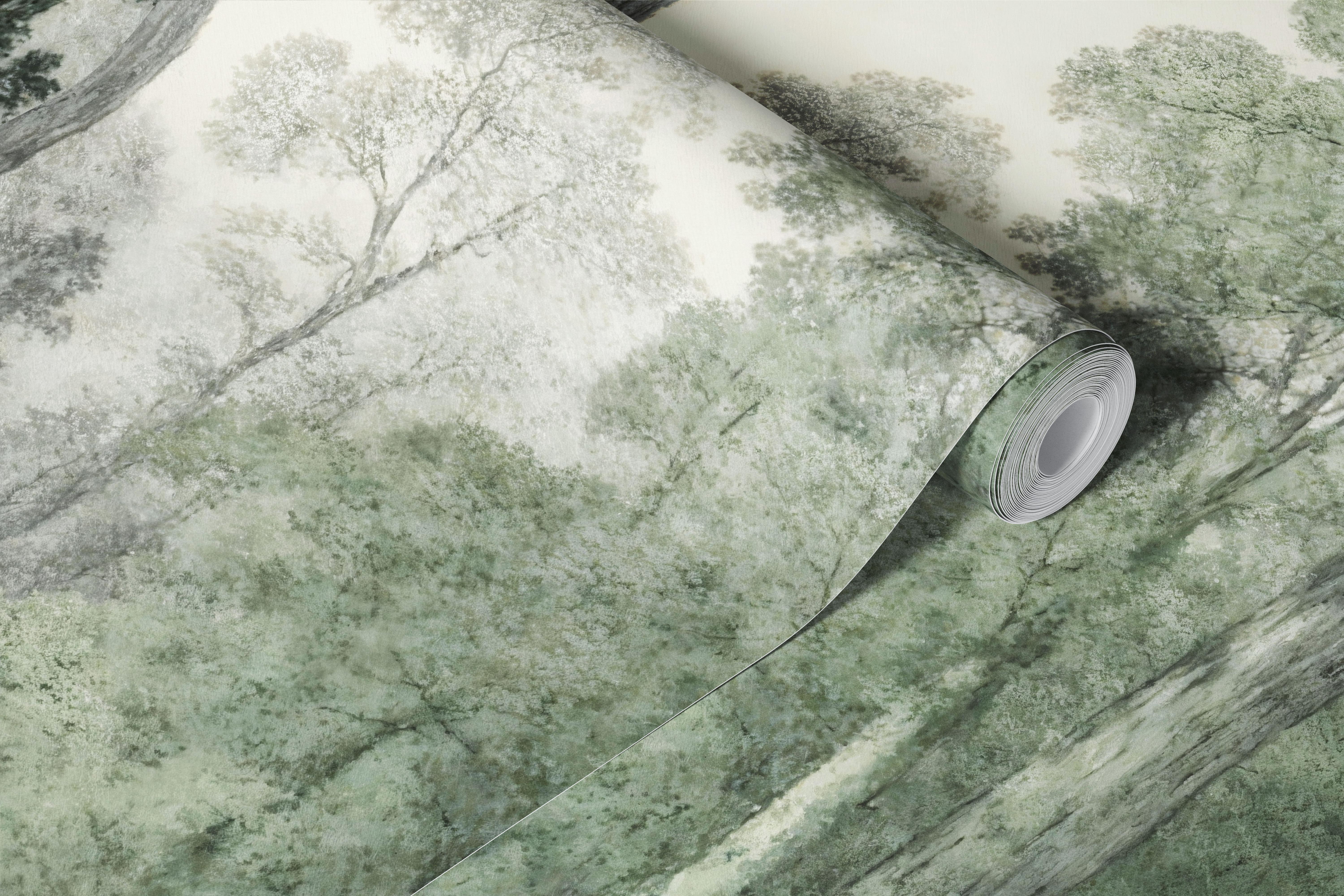 Lush green forest at sunrise, depicting tall trees and ferns wallpaper