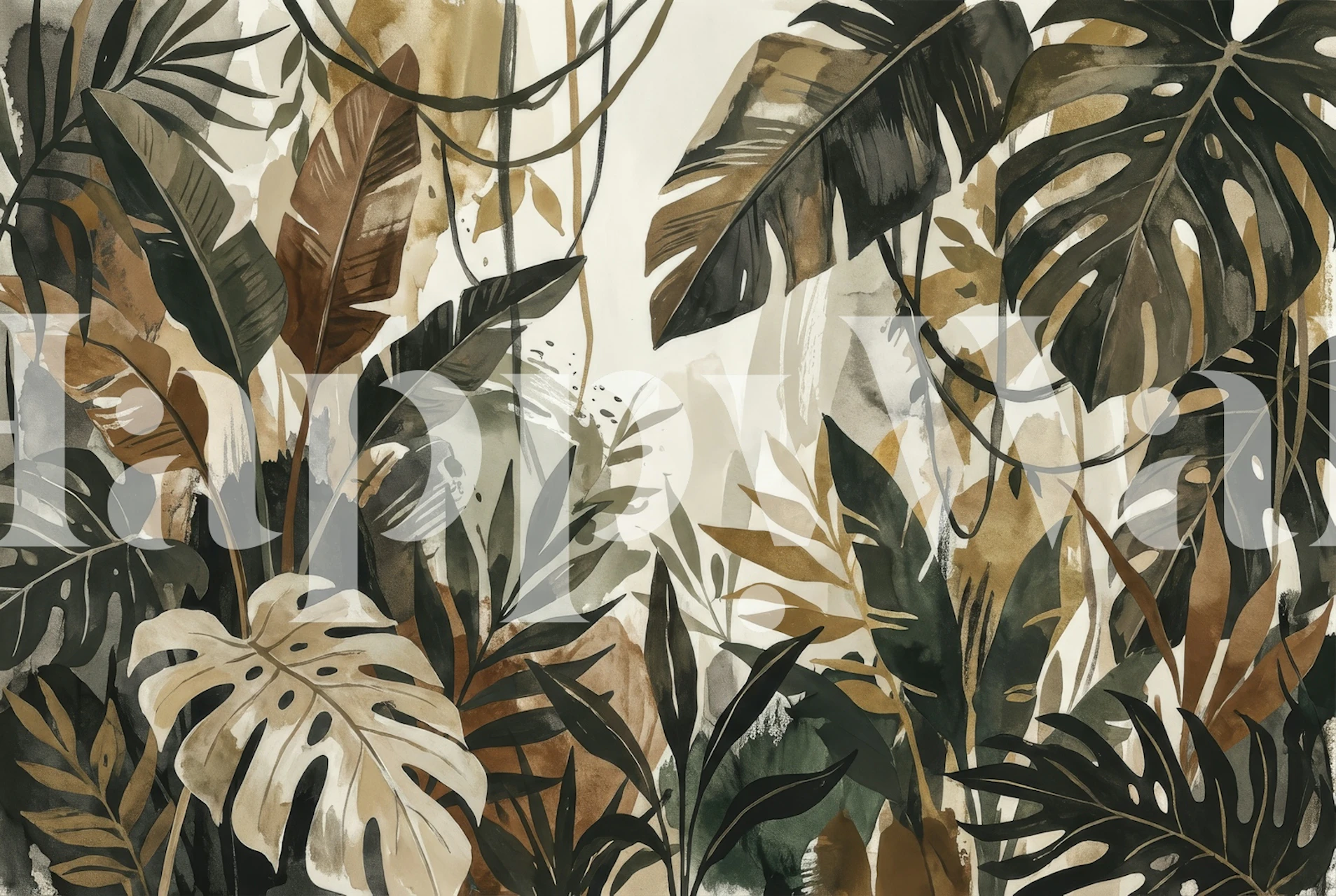 Tropical foliage in earthy tones of green, brown, and beige wallpaper