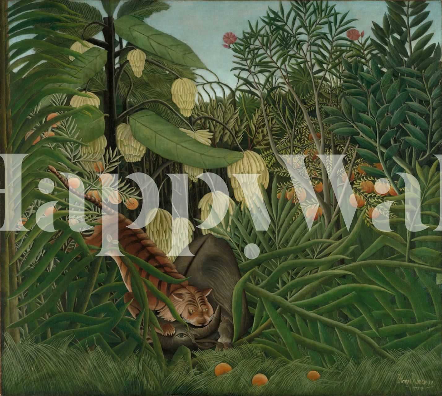 Tiger and buffalo in lush jungle setting with green foliage wallpaper