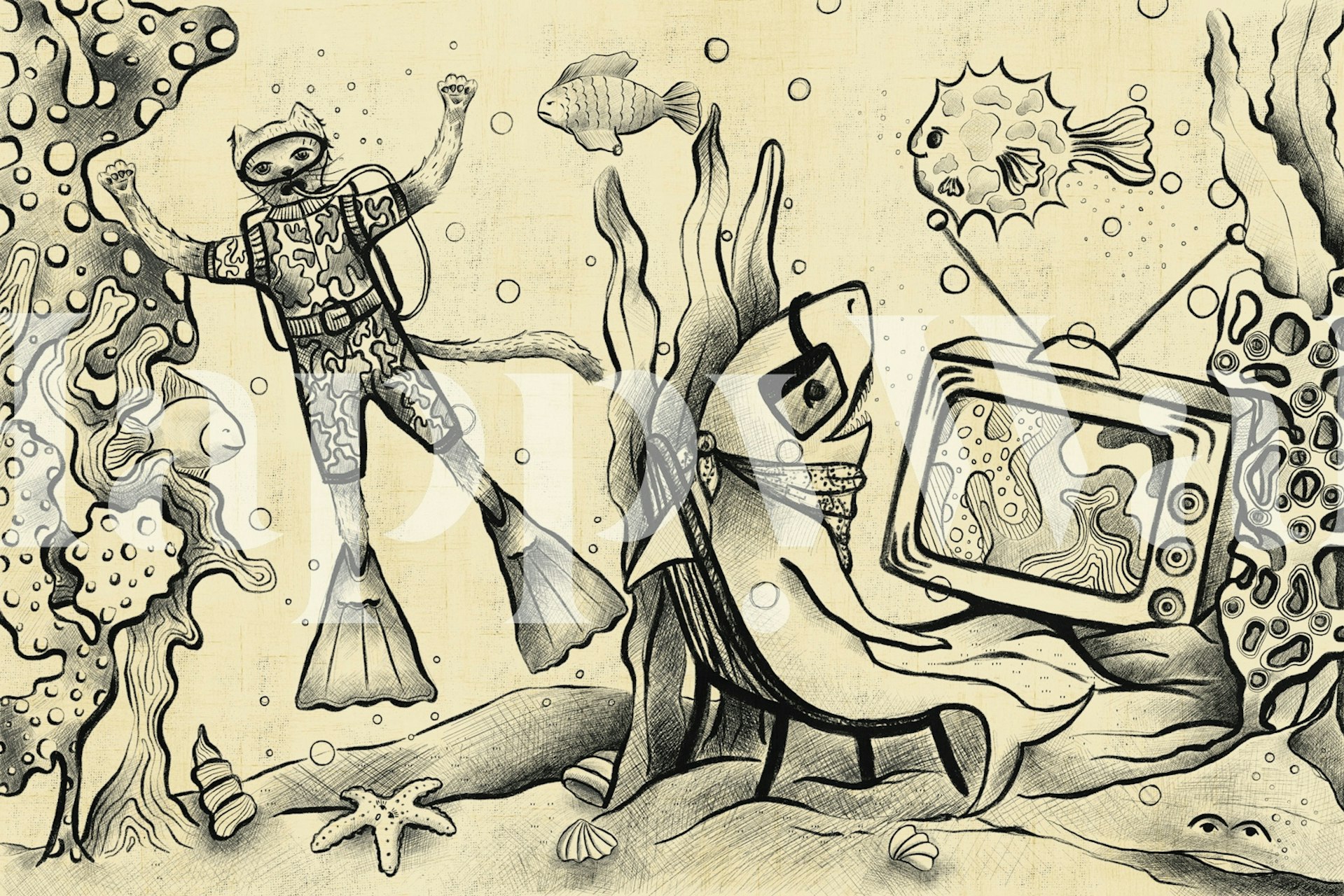 Surreal underwater cat diver wallpaper