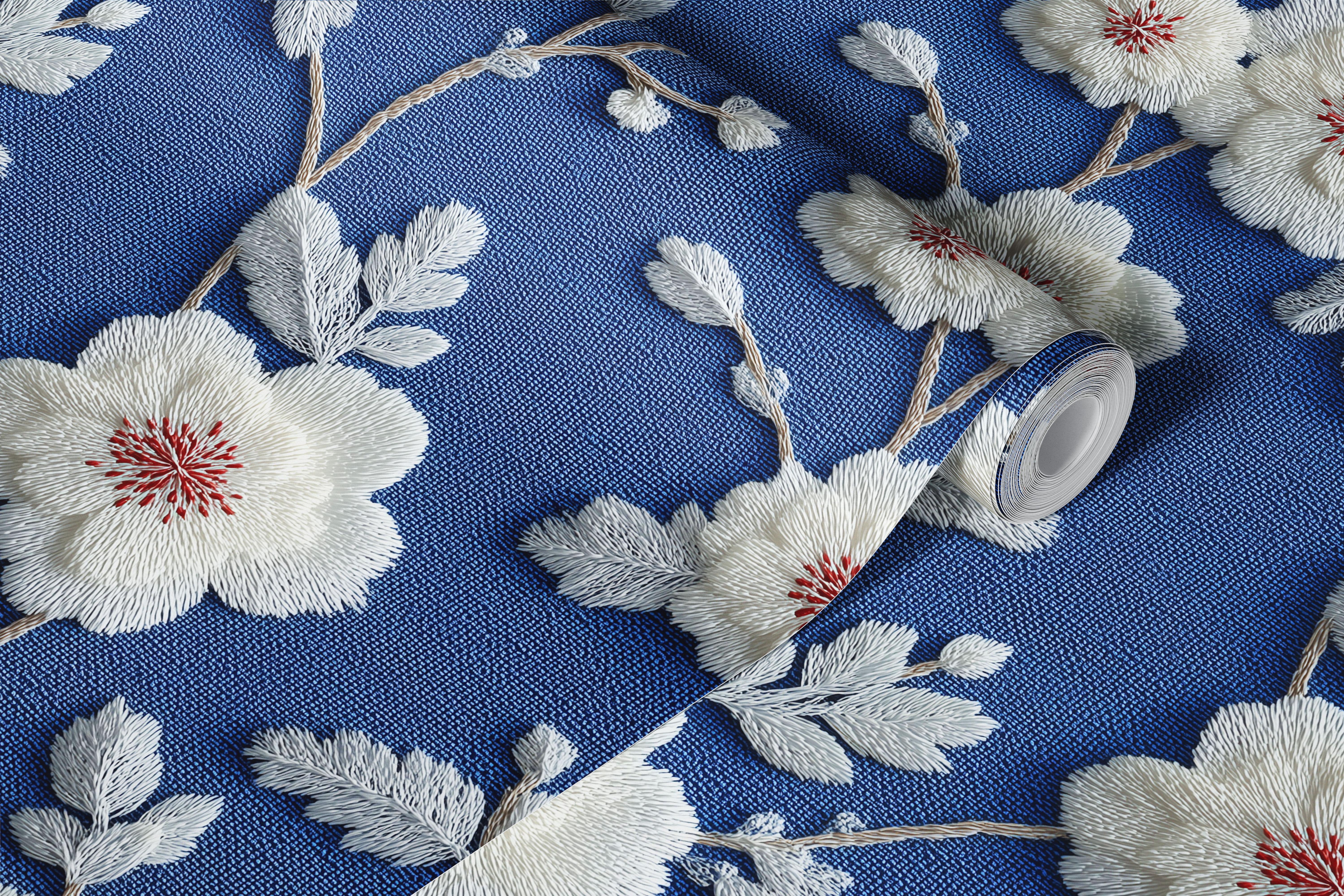Floral Embroidery on Blue tapetti huoneessa