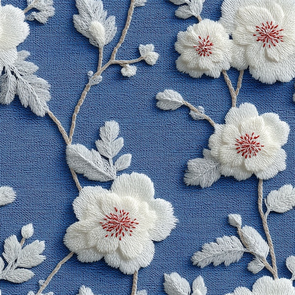 Floral Embroidery on Blue