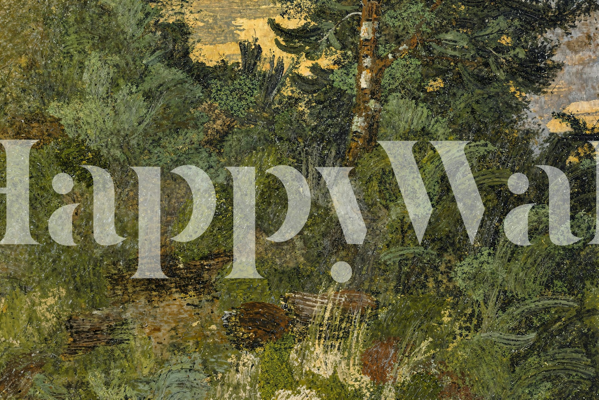 Woodland scenery with lush greens and brown tones wallpaper