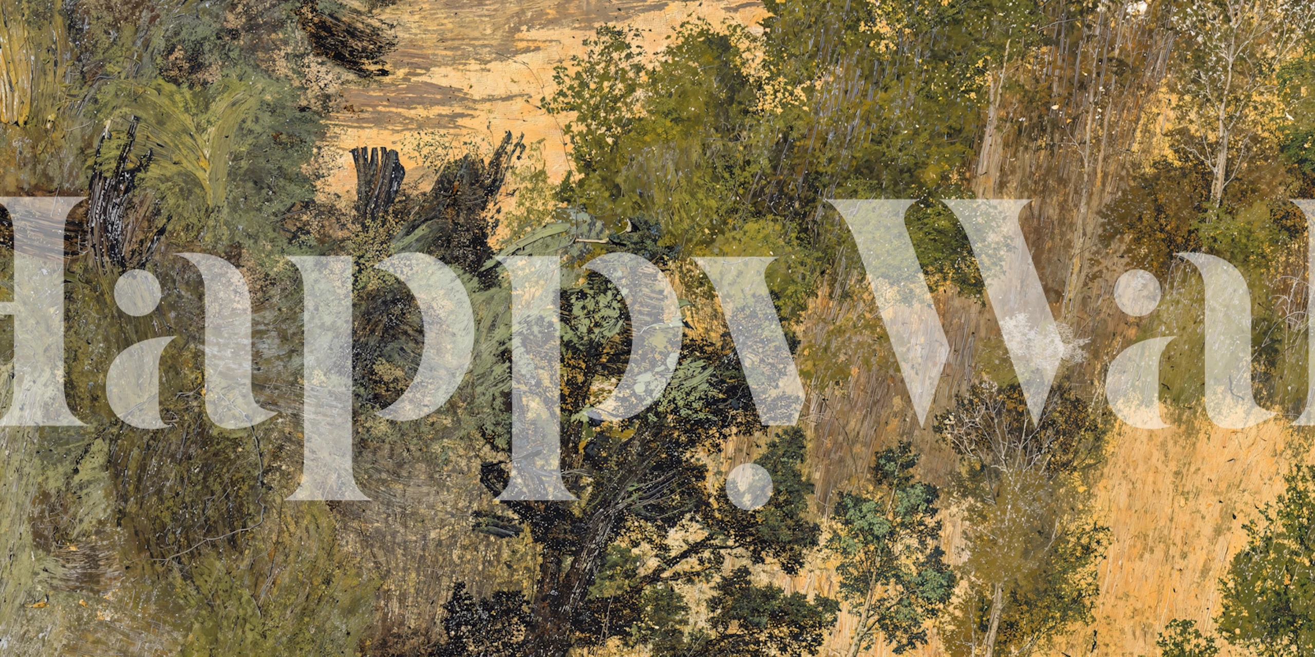 Rustic forest wallpaper with green trees and brown tones