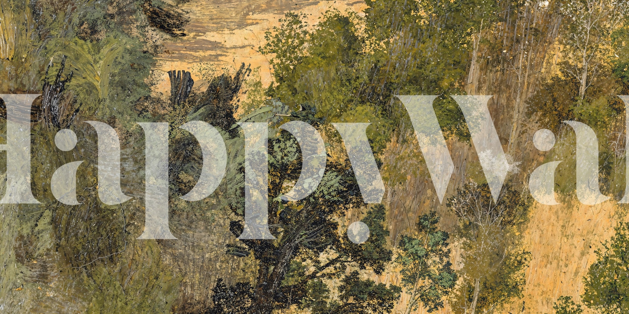 Rustic forest wallpaper with green trees and brown tones