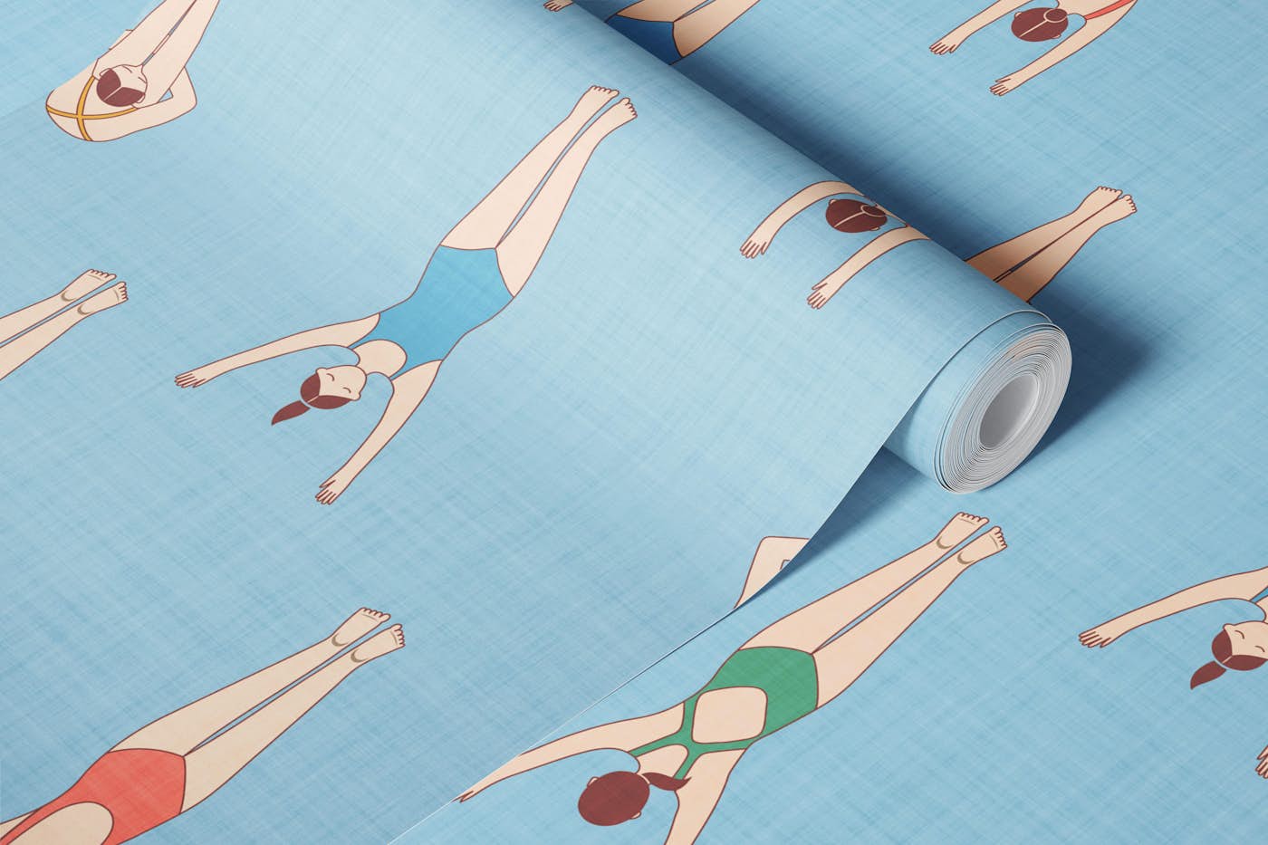 Retro high diving women - summer swim blue wallpaper roll