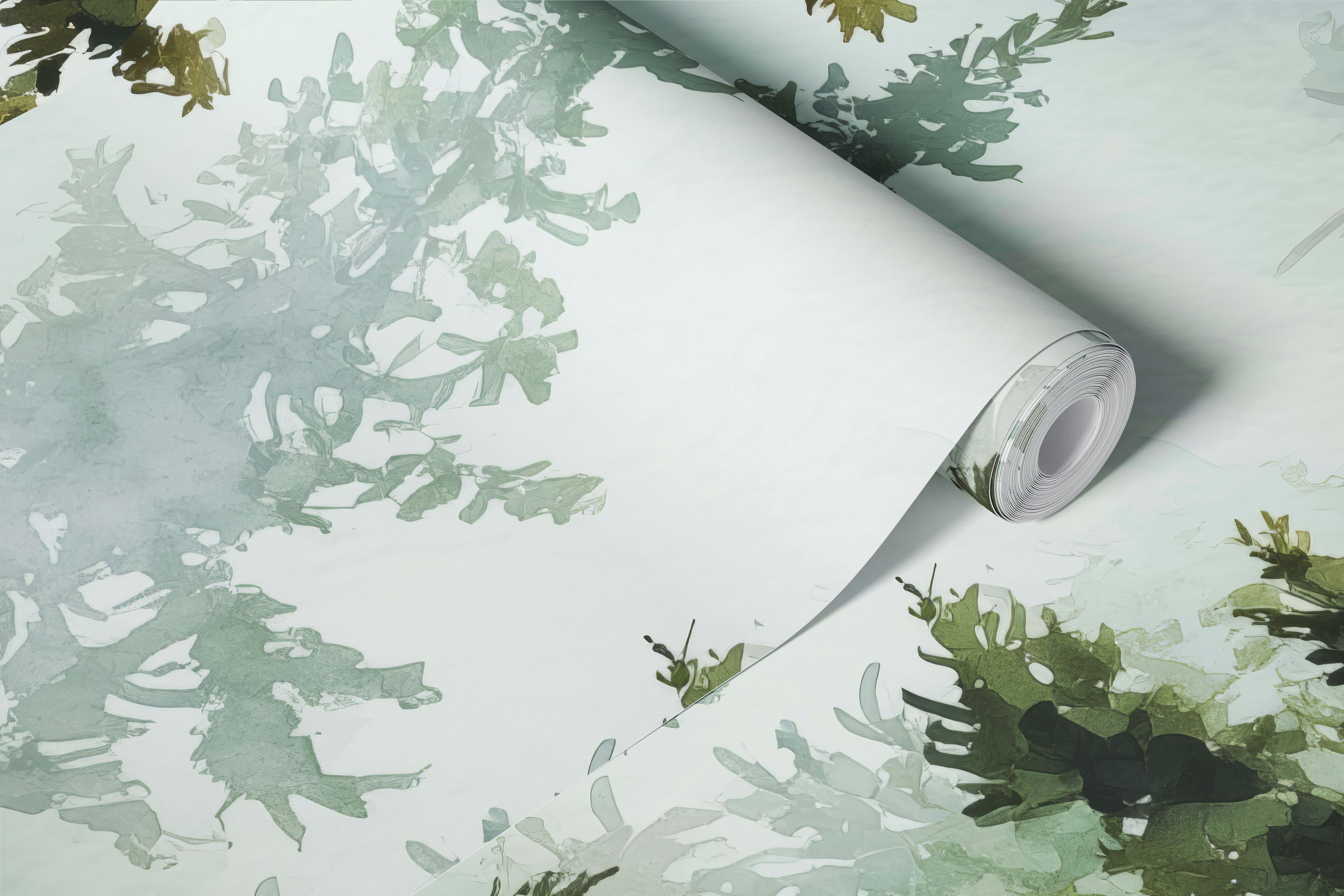 Forest mist scene with tall green trees and fog wallpaper