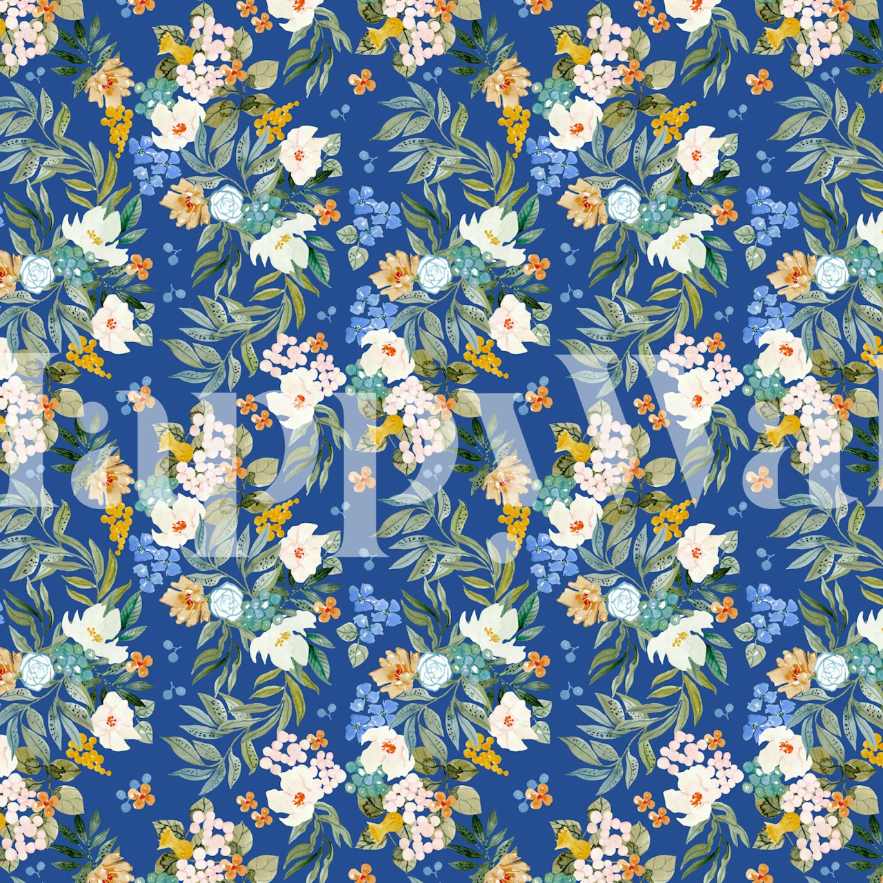 Blue floral wallpaper with various flowers and green leaves, botanical style