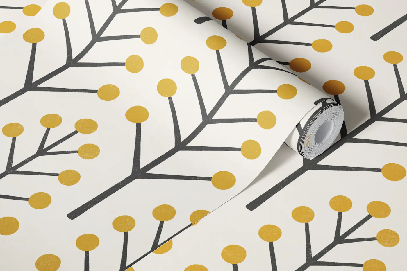Scandinavian tree branches - black mustard wallpaper roll