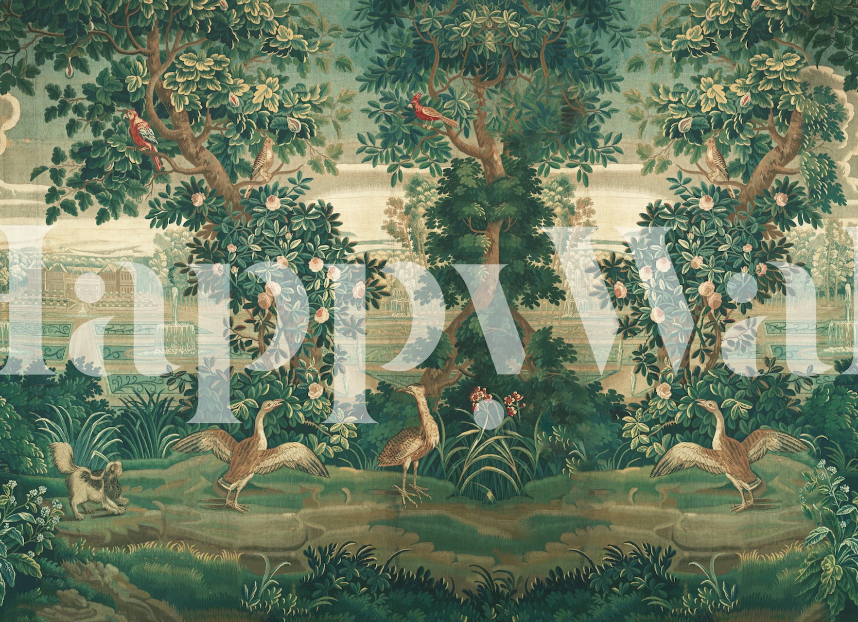 Floral forest scene with birds and trees, green wallpaper