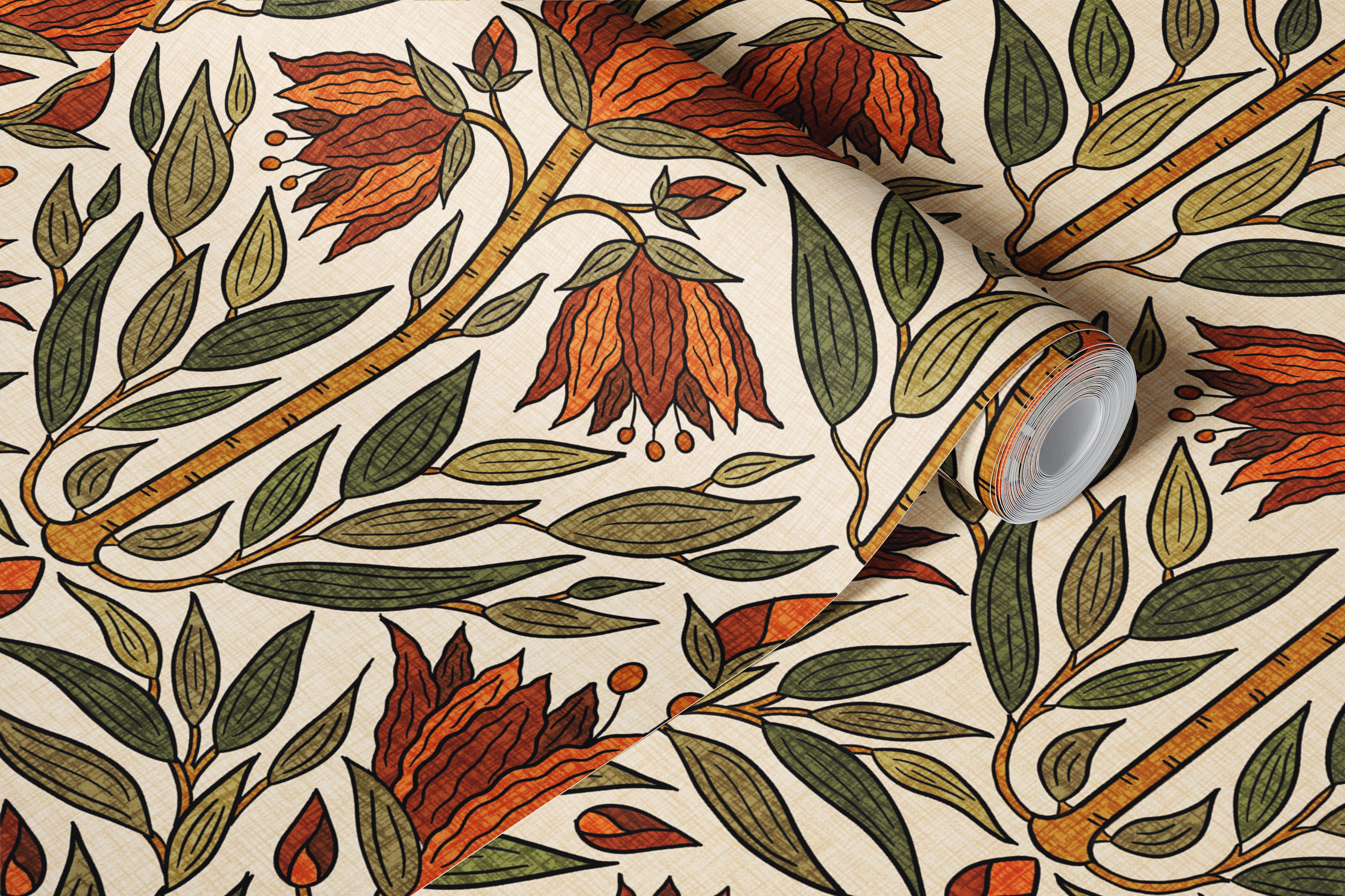Botanical floral wallpaper in a beige room