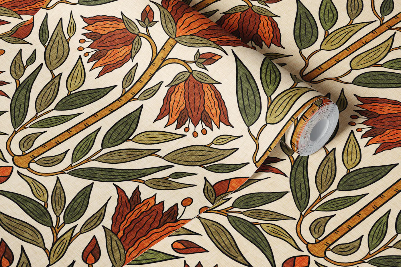 Botanical Tapestry in Burnt Sienna & Olive wallpaper roll