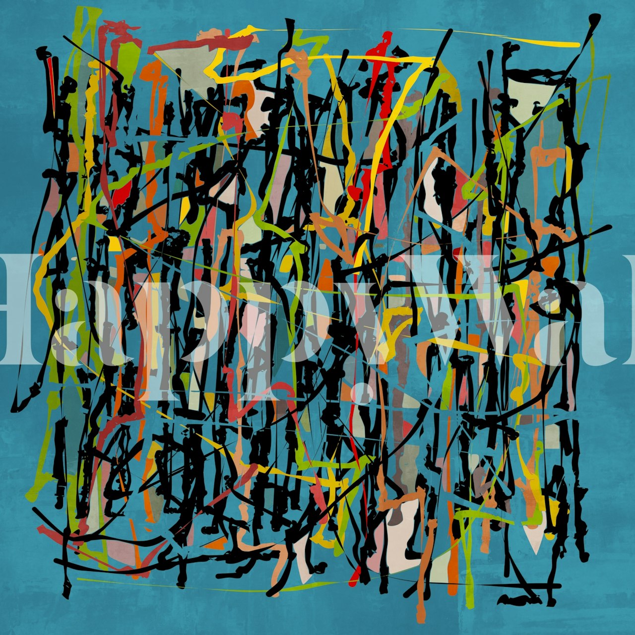 Colorful abstract scribble patterns on blue wallpaper