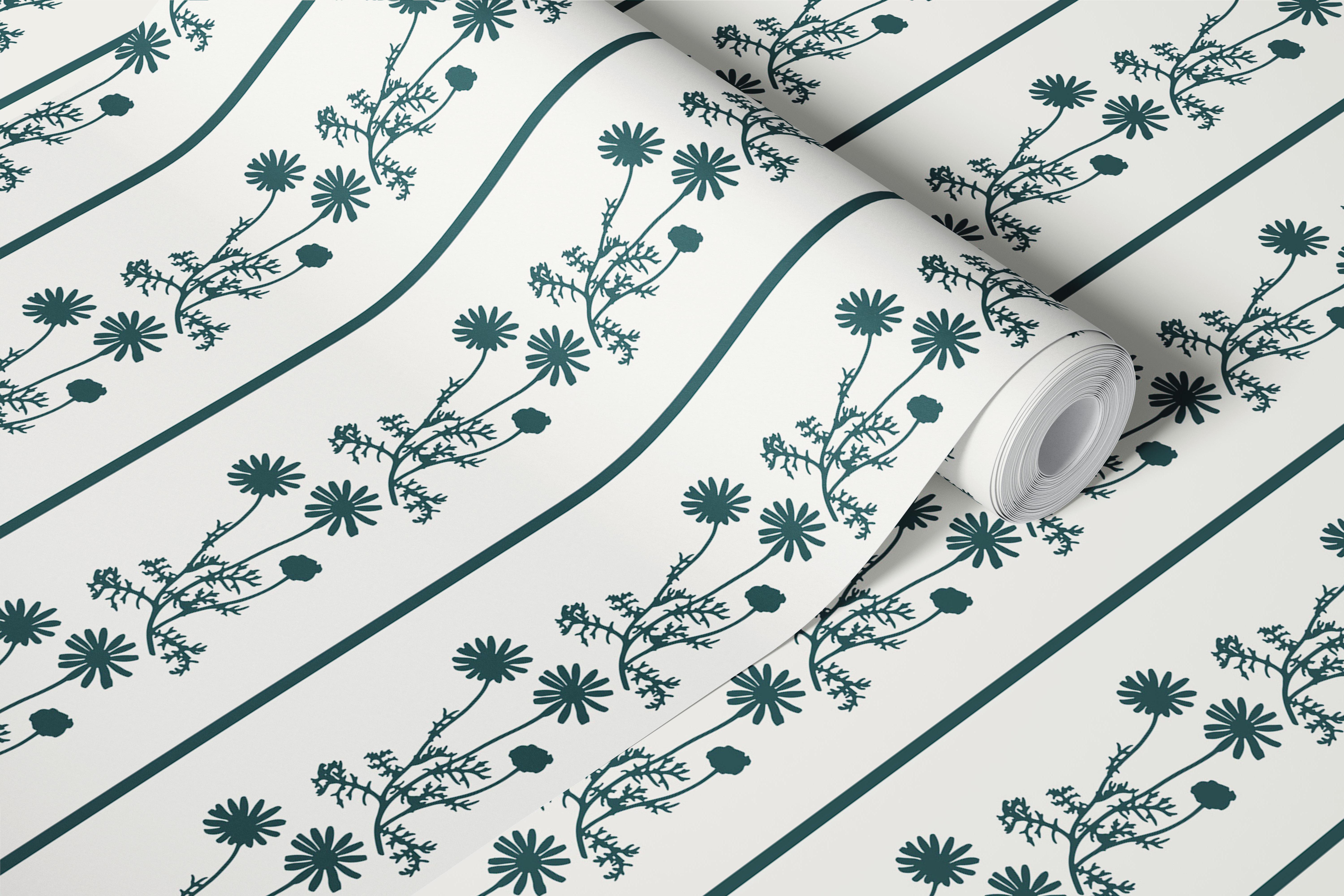 Vintage floral stripe wild daisy teal wallpaper design