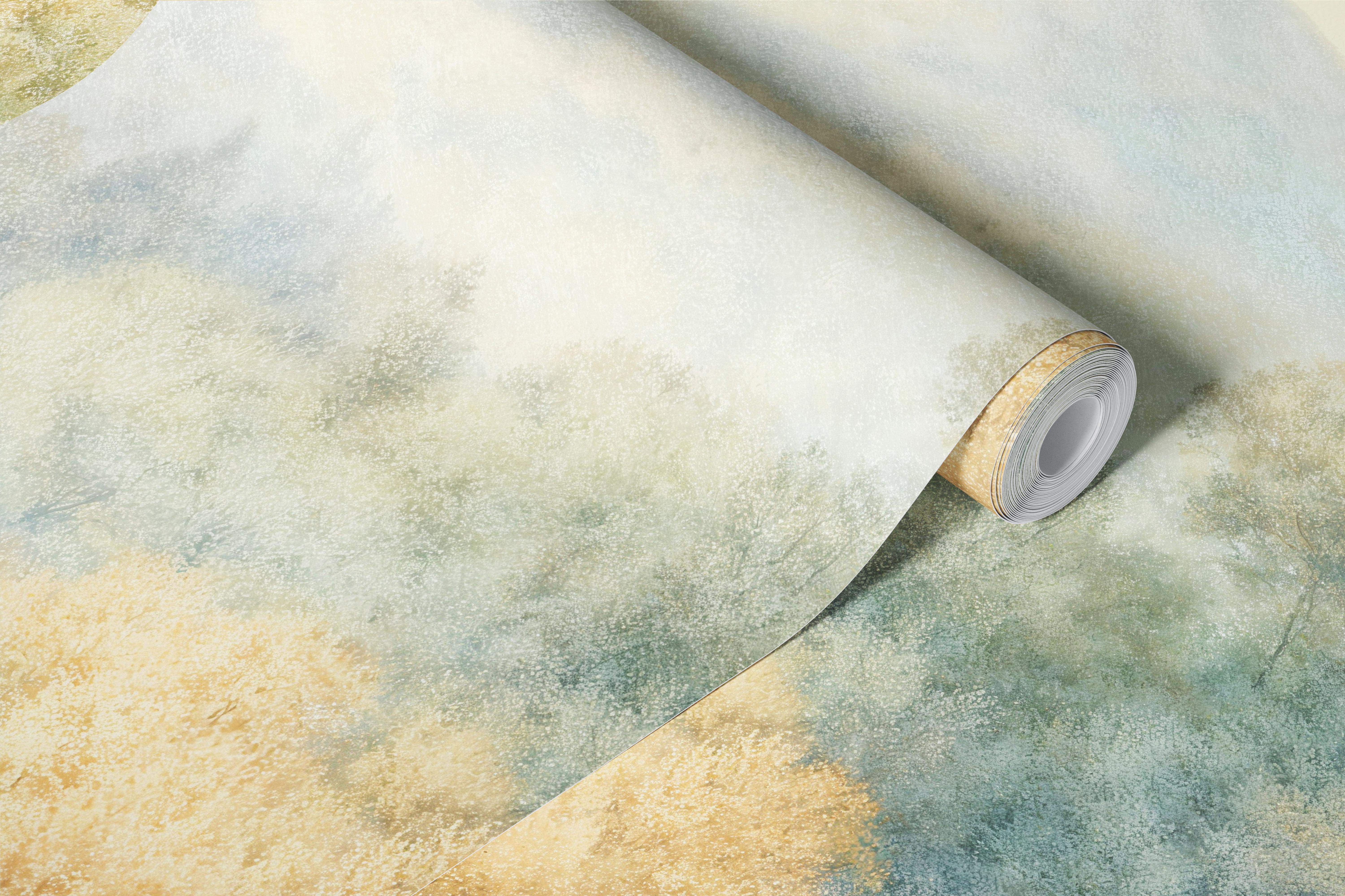 Tranquil forest landscape wallpaper in a room