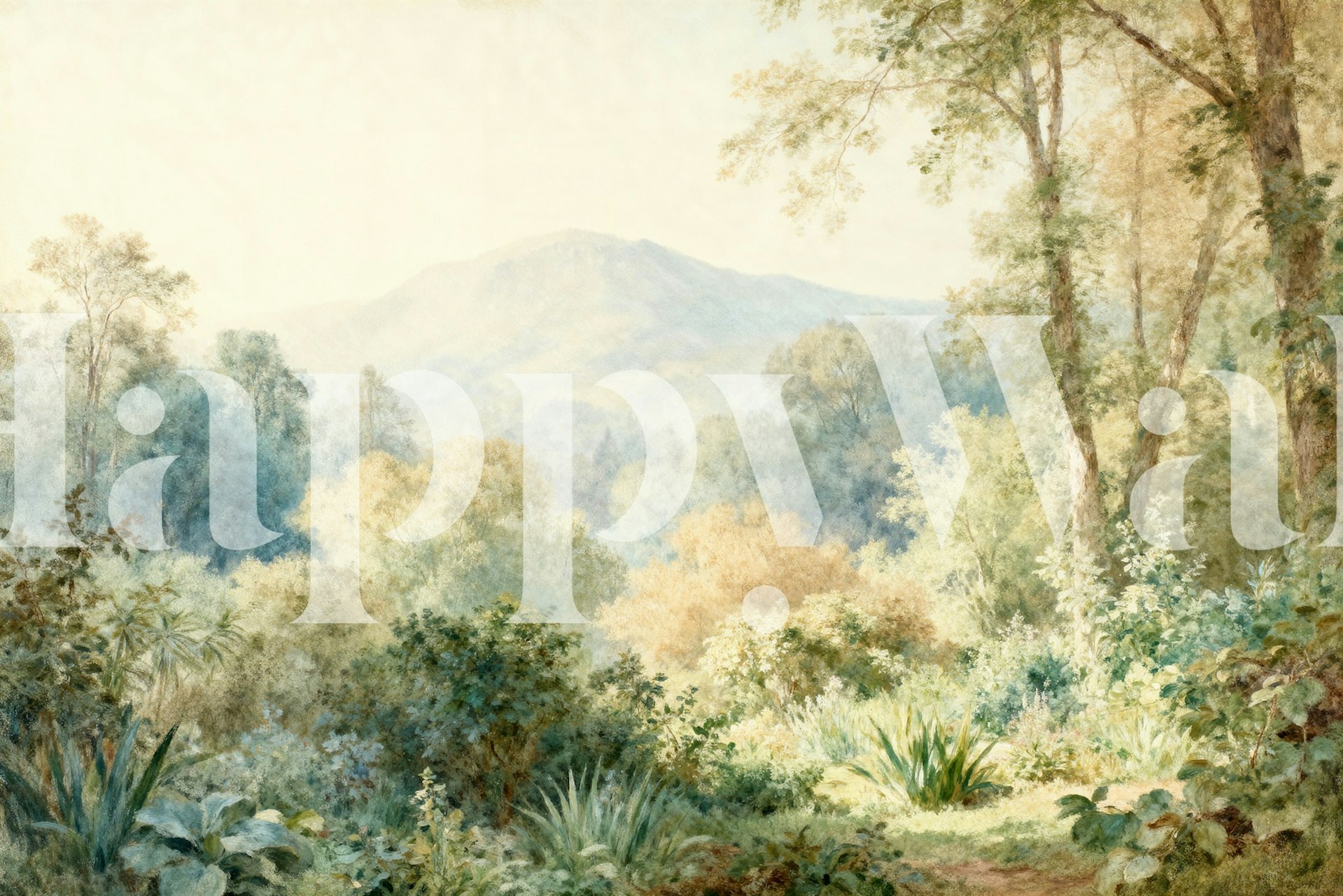 Tranquil forest landscape wallpaper in a room