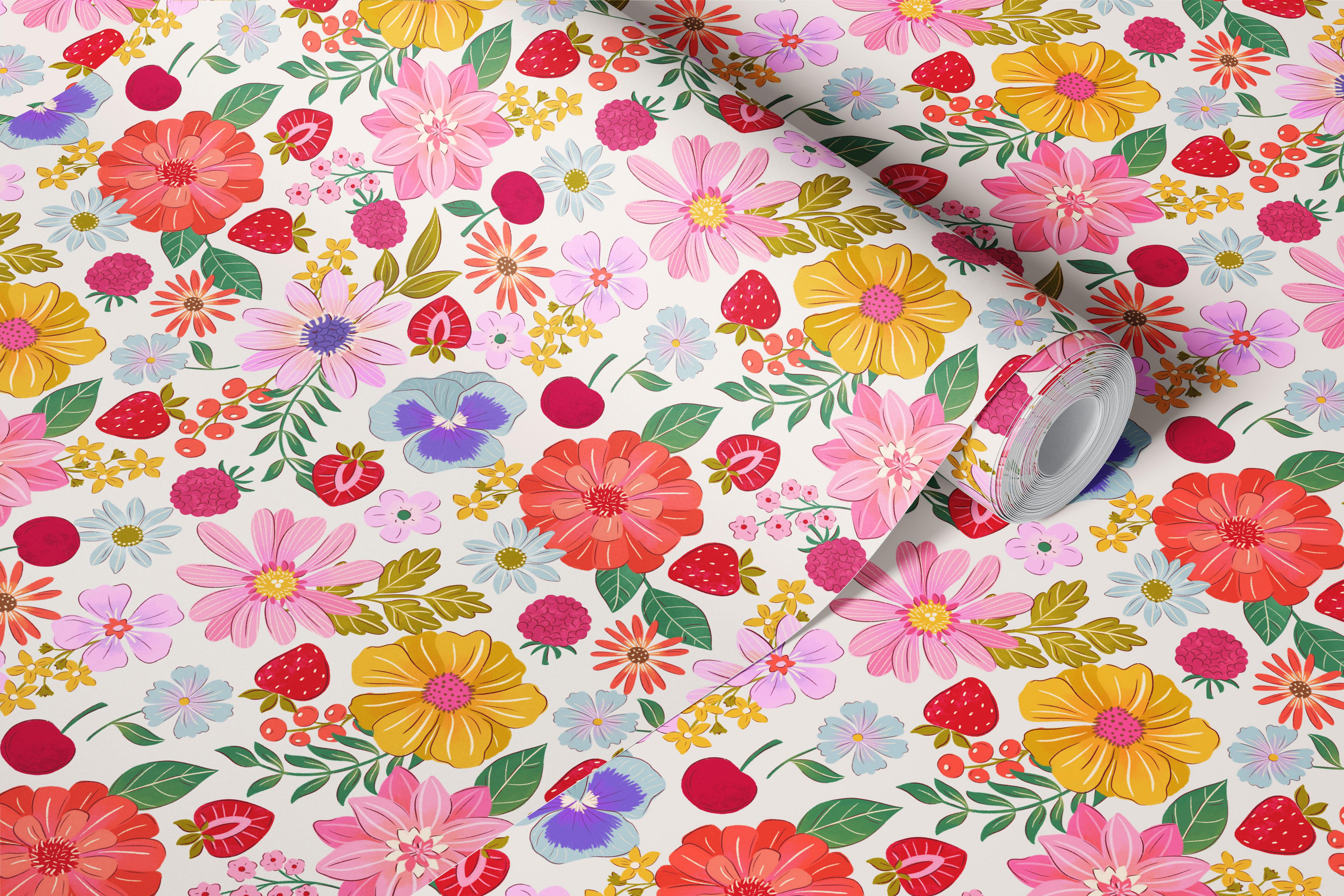 Colorful floral wallpaper featuring pink, yellow, and green flowers and strawberries