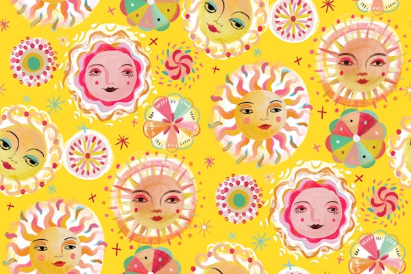 Happy sunny faces on bright yellow