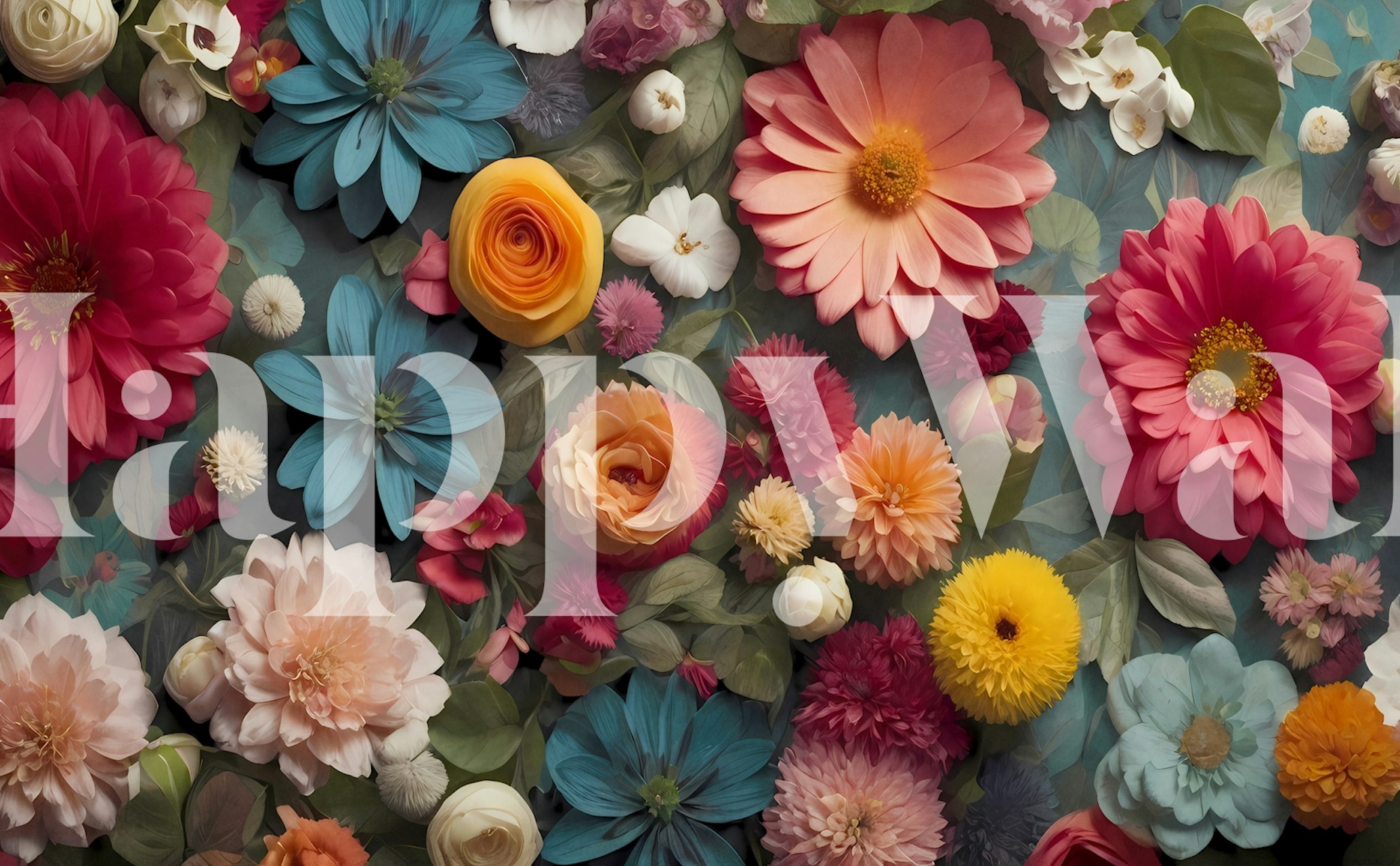 Colorful flowers in pink, blue, yellow, and orange hues wallpaper