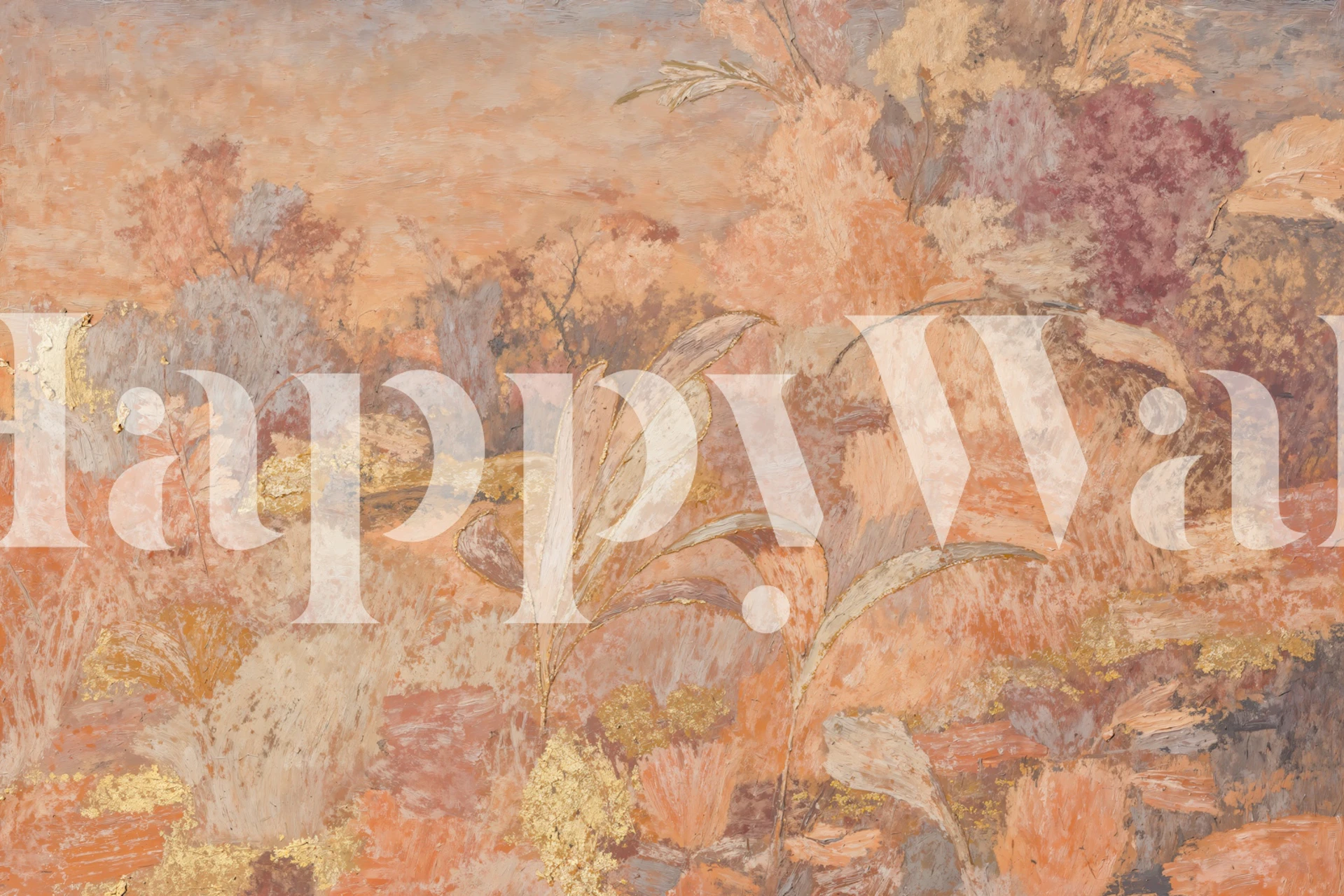 Botanical wallpaper with warm orange, gold, and muted purple hues, rustic style